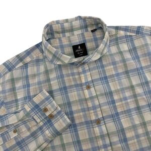 Johnnie-O Top Shelf Mens Large Blue Green Plaid Cotton Modal Button Down Shirt